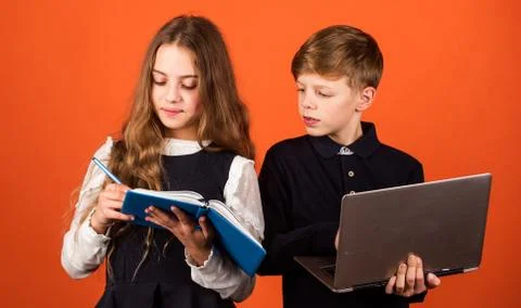 Surfing internet. Study programming. Student with laptop computer. Child using Stock Photos