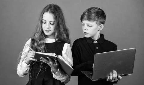 Surfing internet. Study programming. Student with laptop computer. Child using Stock Photos