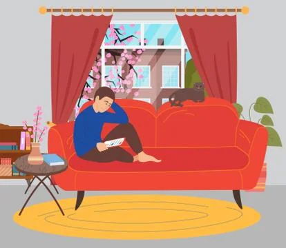 Surfing the internet. Young man using tablet to chat and search for information Stock Illustration