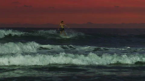 Surfing in the ocean at dusk Stock Footage 218442717