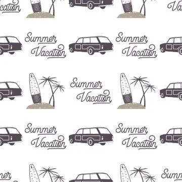 Surfing old style car pattern design. Summer seamless wallpaper with surfer van Stock Illustration