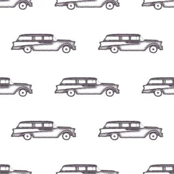 Surfing old style car pattern design. Summer seamless wallpaper with surfer van Stock Illustration