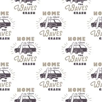 Surfing old style car pattern design. Summer seamless wallpaper with surfer van Stock Illustration