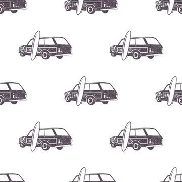 Surfing old style car pattern design. Summer seamless wallpaper with surfer van Stock Illustration