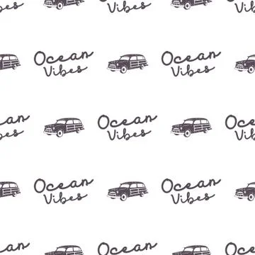 Surfing old style car pattern design. Summer seamless wallpaper with surfer van Stock Illustration