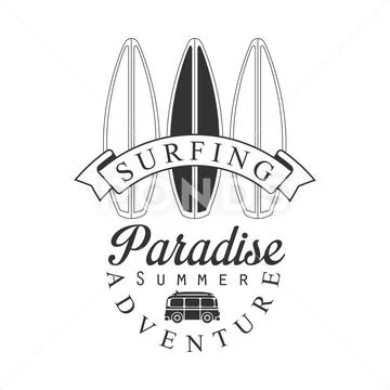 Surfing paradise summer adventure logo template, black and white vector Stock Illustration
