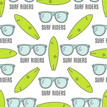 Surfing patterns. Summer seamless design with surfer glasses, surfboards. Cute Illustration