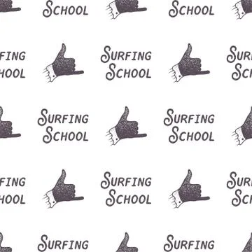 Surfing school old style pattern design. Summer seamless wallpaper with surfer Stock Illustration