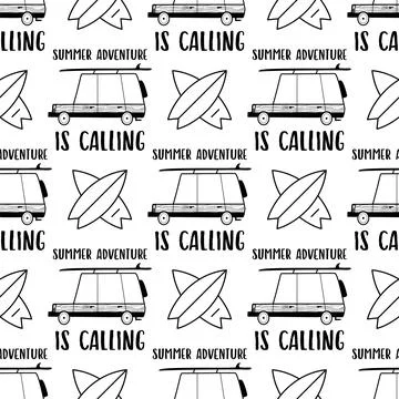Surfing Seamless Design. Summer Pattern with Surf Car and Surfboard. Perfect for Stock Illustration