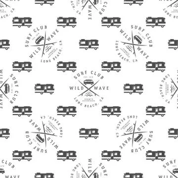 Surfing Seamless pattern with van. Surfer club badge. Summer wallpaper printing Stock Illustration