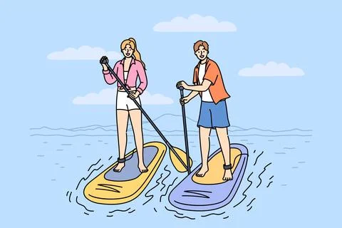 Surfing on SUP boards practiced by man and woman using paddles to navigate river Stock Illustration