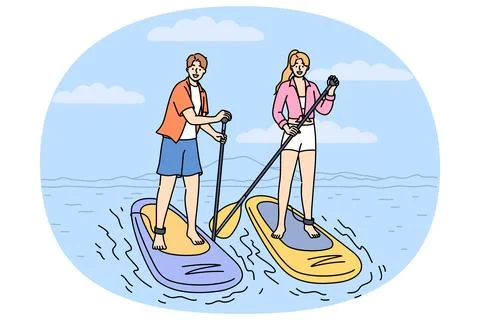 Surfing on SUP boards practiced by man and woman using paddles to navigate river Ilustração Stock