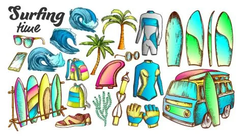 Surfing Time Collection Elements Color Set Vector 库存插图