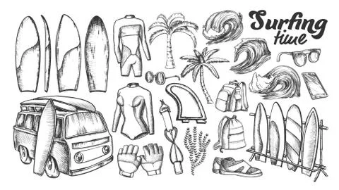 Surfing Time Collection Elements Ink Set Vector Stockillustratie