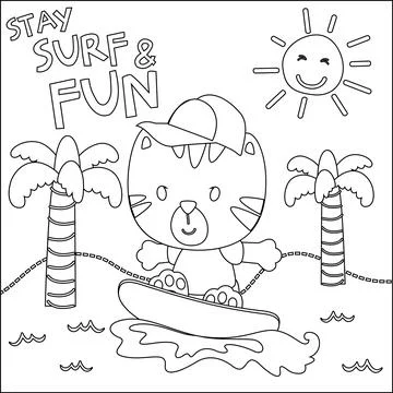 Surfing time with cute little bear at summer. Stock Illustration