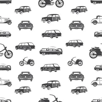 Surfing transport seamless pattern. Retro Surf car, motorcycle wallpaper Stock Illustration
