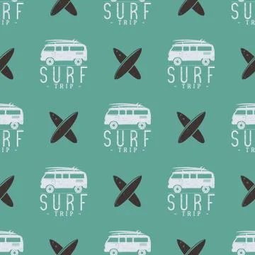 Surfing trip pattern design. Summer seamless with surfer van, surfboards Stock Illustration