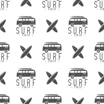 Surfing trip pattern design. Summer seamless with surfer van, surfboards Stock Illustration