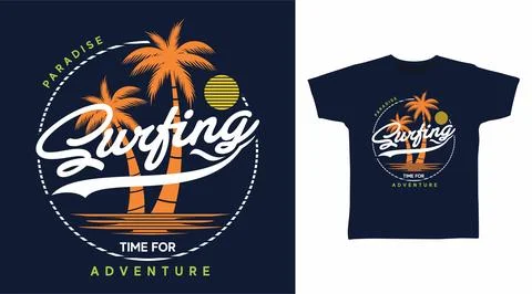 Surfing typography design vector with palms tree illustration, ready for pr.. Stock Illustration