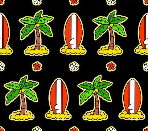 Surf,palm,beach seamless pattern art.Vector graphic illustration. Surf,beach Stock Illustration
