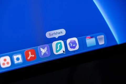 Surfshark icon on a computer dock screen as a user hovers a mouse pointer to 写真素材