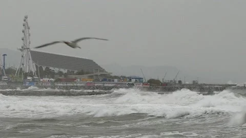 Surge with big waves, strong wind and poor visibility. Slow Motion. Stock Footage 107372133