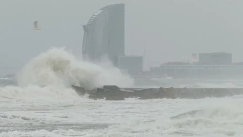 Surge with big waves, strong wind and poor visibility. Stock Footage 107387530