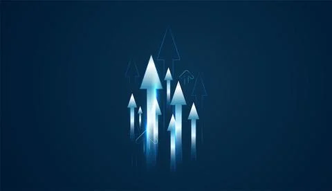 A surge of glowing arrows points up, visualizing a breakthrough in Finance .. Stock Illustration