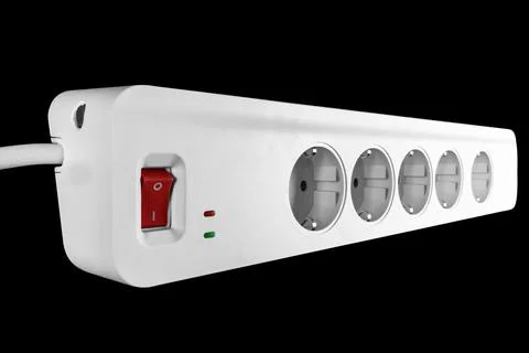 The surge protector isolated on black background. Closeup of electrical pow.. Foto stock