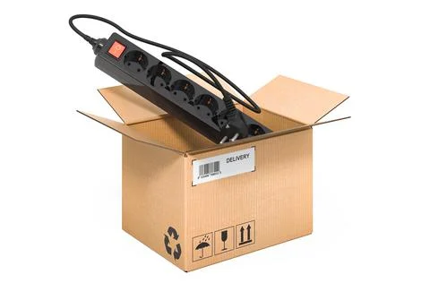Surge protector or spike suppressor inside cardboard box, delivery concept. 3 Stock Illustration