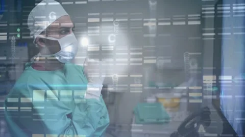 Surgeon adjusting glove and checking display as data bars appearing for surgical Stock Footage 332641995