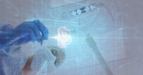 Surgeon adjusting lamp while code drifting in health tech and bitcoin hologram Stock Footage 311586231