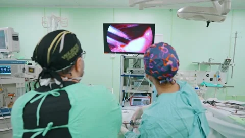 Surgeon and an assistant perform an endoscopic operation Stock Footage 173161559