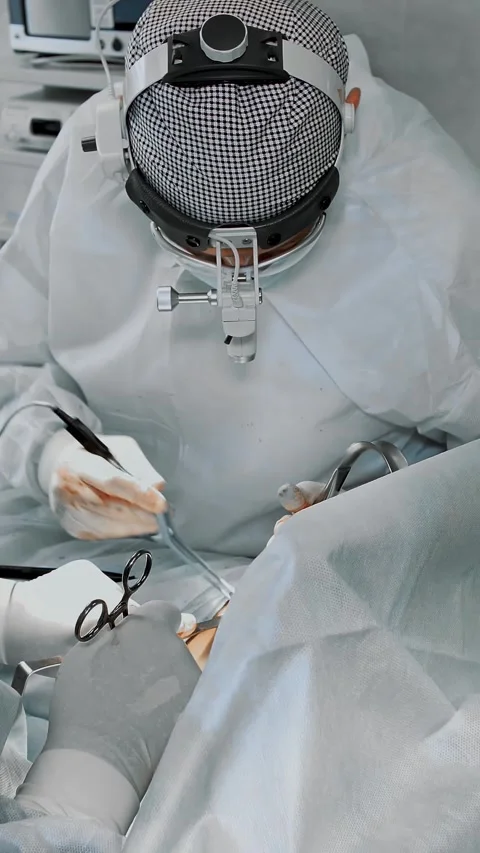 Surgeon and his assistant clean site for breast implant, performing cosmetic Stock Footage 318591416