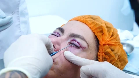 Surgeon do plastic surgery. A surgeon removing piece of skin from eyelid Stock Footage 145601821