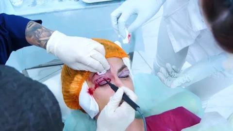 Surgeon do plastic surgery. The surgeon cauterizes the patient's eyelid Stock Footage 145603157