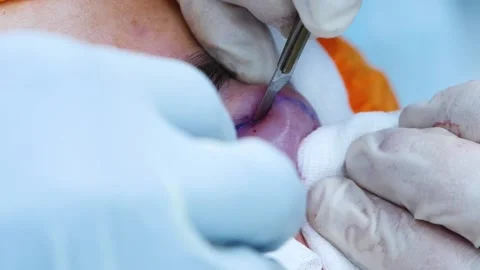 Surgeon do plastic surgery. The surgeon cuts the patient's eyelid with a scalpel Stock Footage 145603201