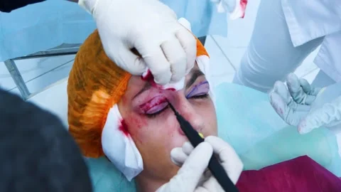 Surgeon do plastic surgery. The surgeon cauterizes the patient's eyelid Stock Footage 145603205
