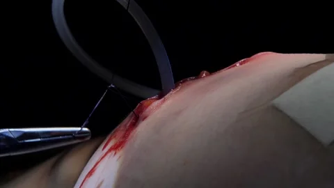 Surgeon doing surgical suture or stitches after mammoplasty or breast Stock Footage 221263249