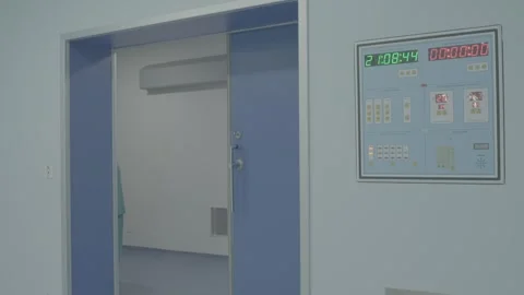 Surgeon entering an operating room through a blue sliding door Stock-Footage 327595776