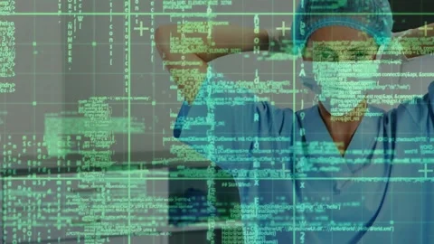 Surgeon entering prep room activating green code overlay, adjusting mask straps Stock Footage 317185174