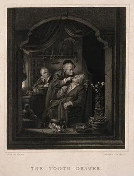 A surgeon extracting a tooth from a patient, while the latter's concerned w.. Stock Illustration