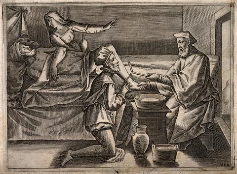 A surgeon instructing a younger surgeon how to bleed a male patient's foot,.. Stockillustratie