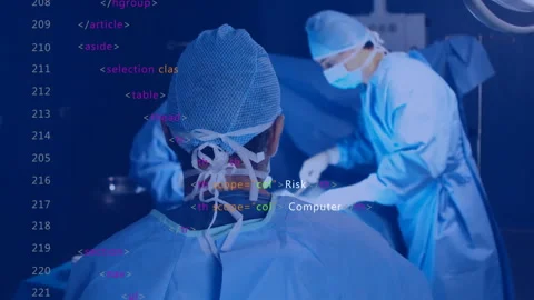 Surgeon leaning over table causing code overlay showing cybersecurity tags Stock Footage 313618137