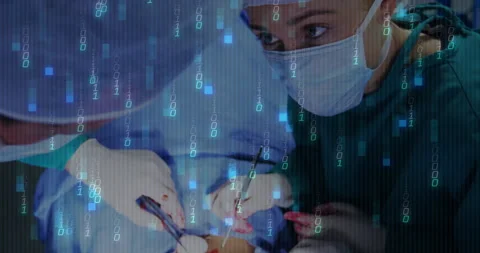 Surgeon making incision with cautery under binary code as assistant adjusts Stock Footage 312657461