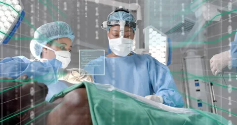 Surgeon making incision triggers digital grid and binary overlays enabling Stock Footage 314734968
