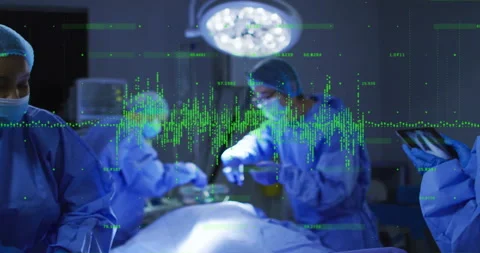 Surgeon making incision while nurses handling tools and updating health data Stock Footage 312842226
