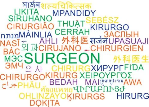 Surgeon multilanguage wordcloud background concept Stock Illustration