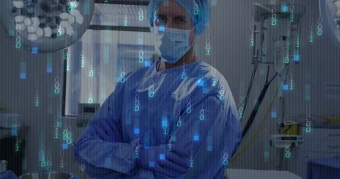 Surgeon in operating room with digital binary code overlay animation 스톡 동영상 303841961