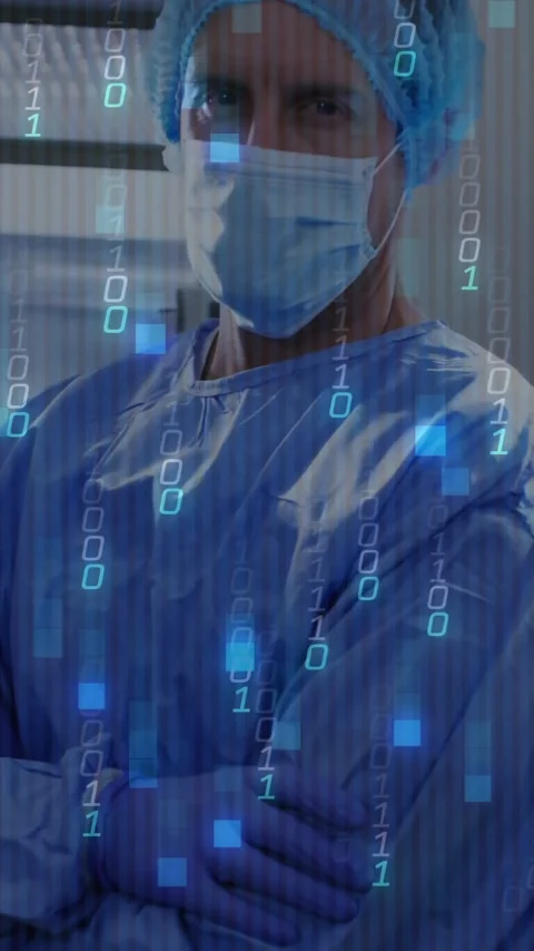 Surgeon in operating room with digital binary code overlay animation 스톡 동영상 319416187